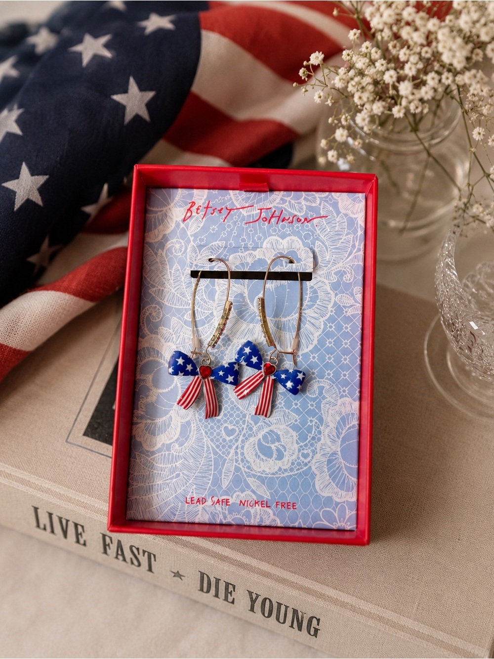 Betsey Johnson Americana Bow Rhinestone Earrings NIB Patriotic USA